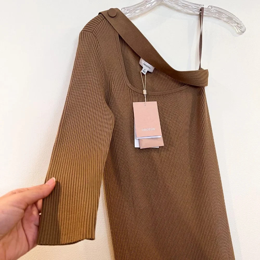 Oroton Tan One Sleeve Asymmetric Knit Stretchy Designer Midi Dress Medium Nwt — image 3 of 8